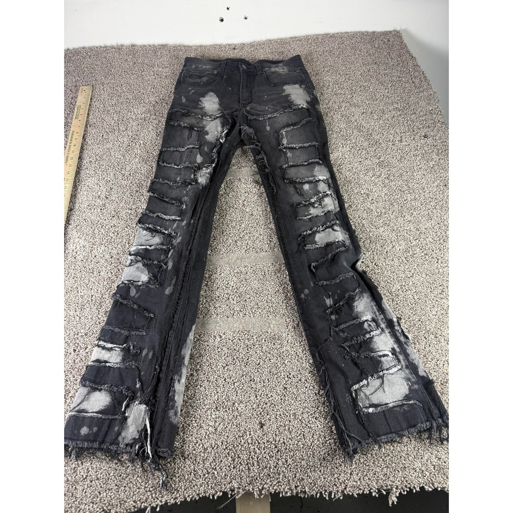 Rockstar Original Jeans Mens Black Acid Wash Distressed Stacked Flare Denim - 32